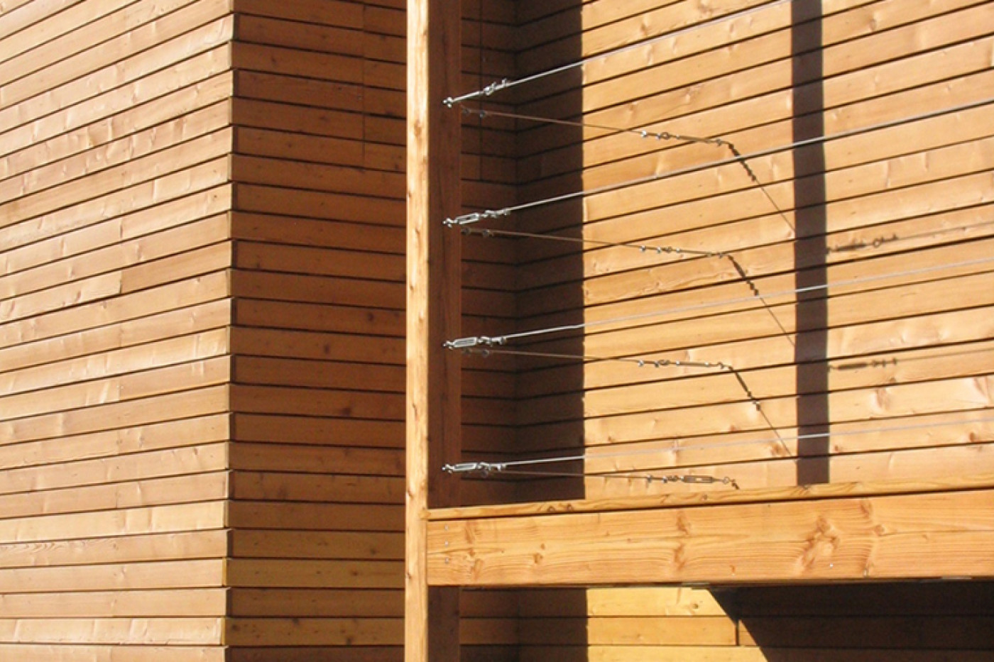 Detail der Holzfassade mit senkrechter St&uuml;tze und Spannseilen als Rankhilfe, unten der Sockel aus Beton.