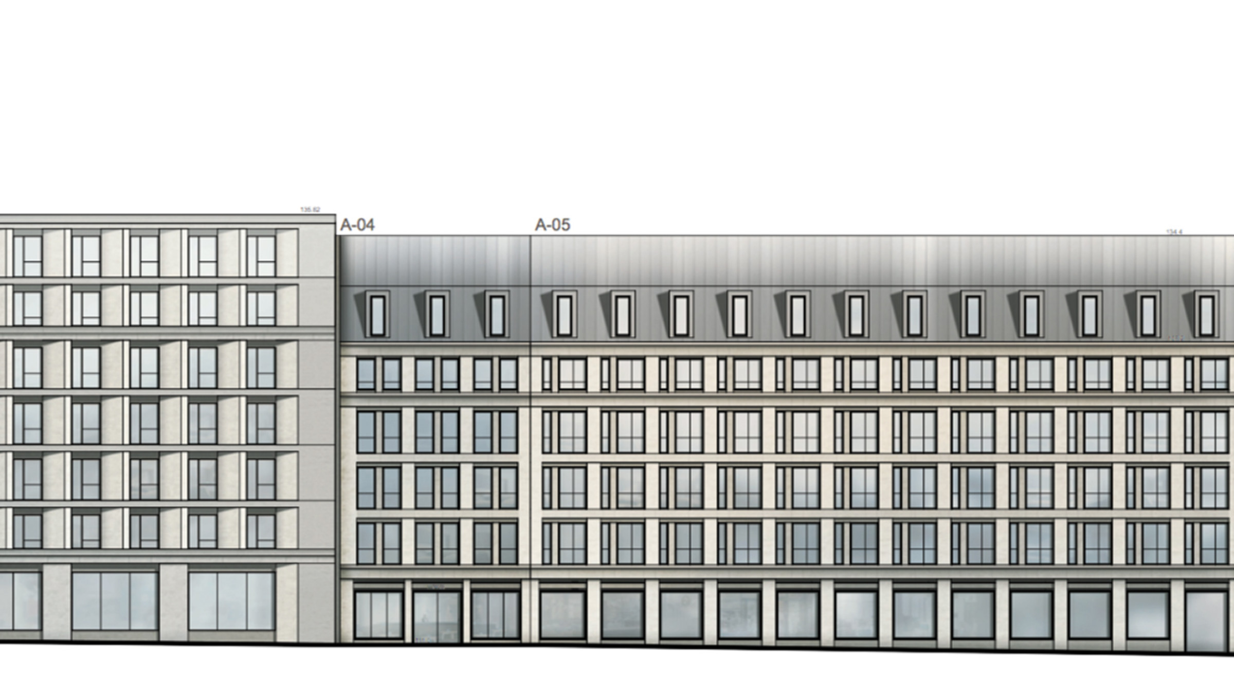 Developed elevation of the hotel buildings where they meet the historic neighbouring development.