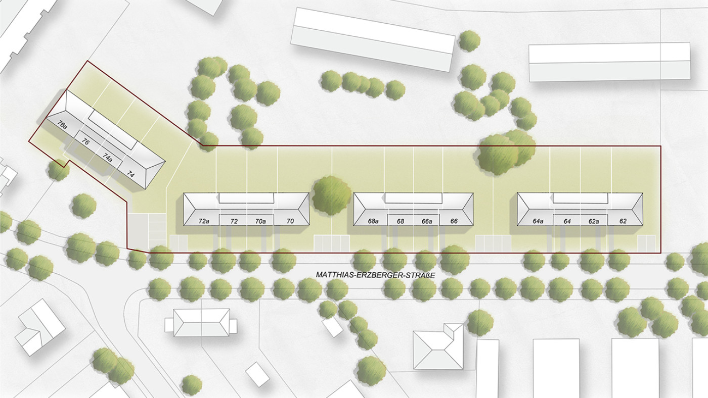 Lageplan mit drei Zeilen der Reihenh&auml;user entlang der Matthias-Erzberger-Stra&szlig;e.