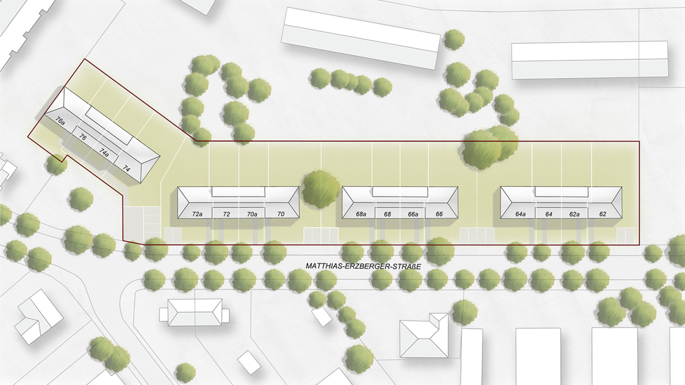 Lageplan mit drei Zeilen der Reihenh&auml;user entlang der Matthias-Erzberger-Stra&szlig;e.