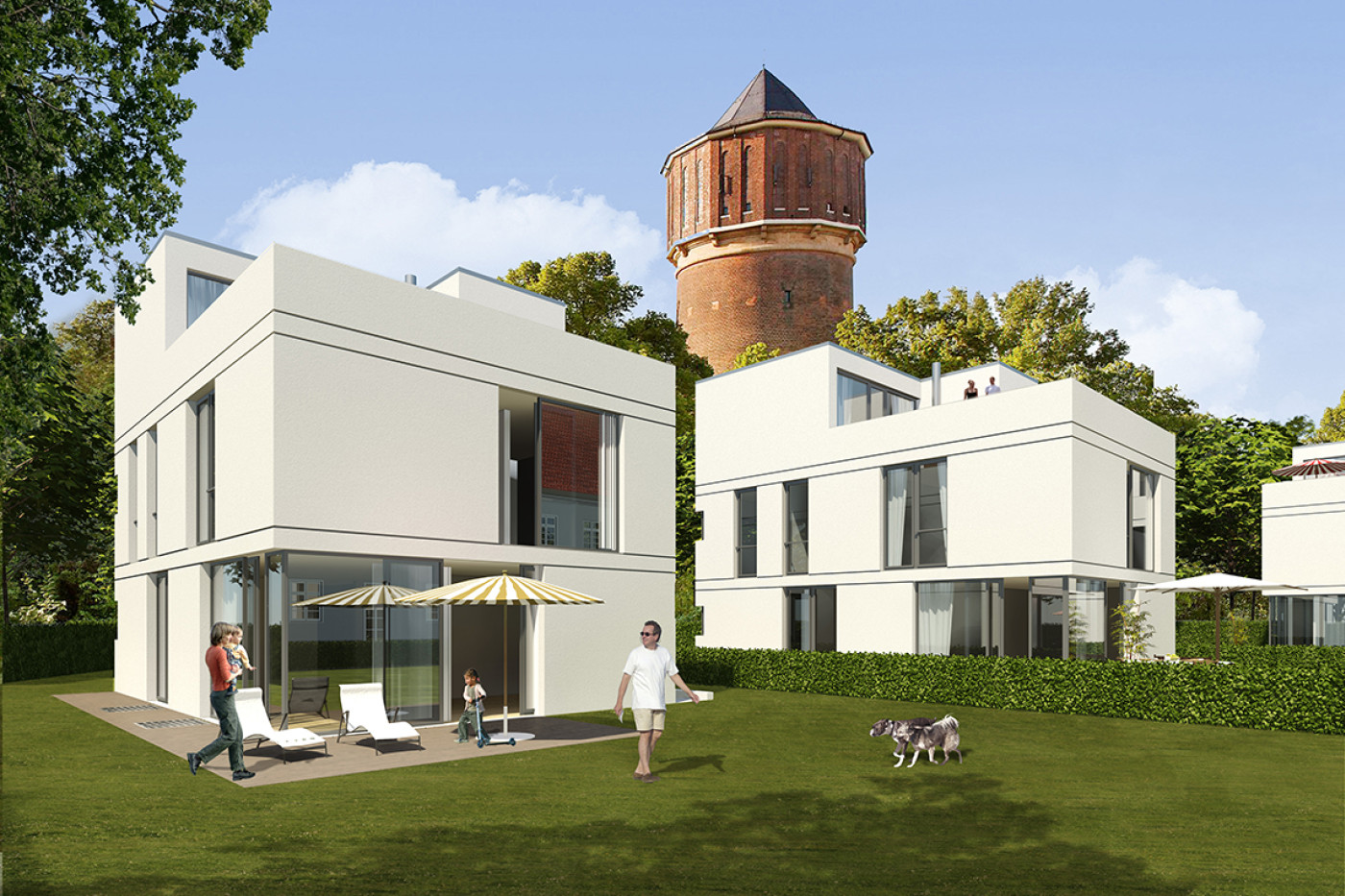 Visualisierung der Stadth&auml;user mit Flachdach und Terrassen, dahinter der historische Wasserturm aus Backstein.