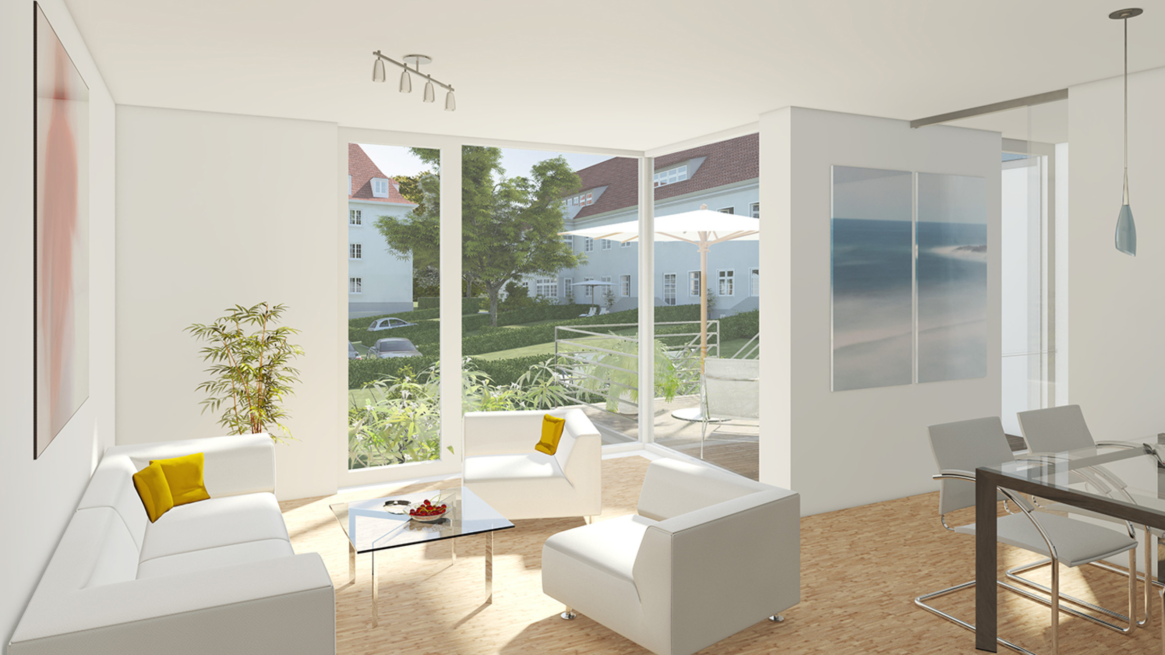 Visualisierung eines hellen Wohnraums mit Eckfenster und Blick ins Gr&uuml;ne.
